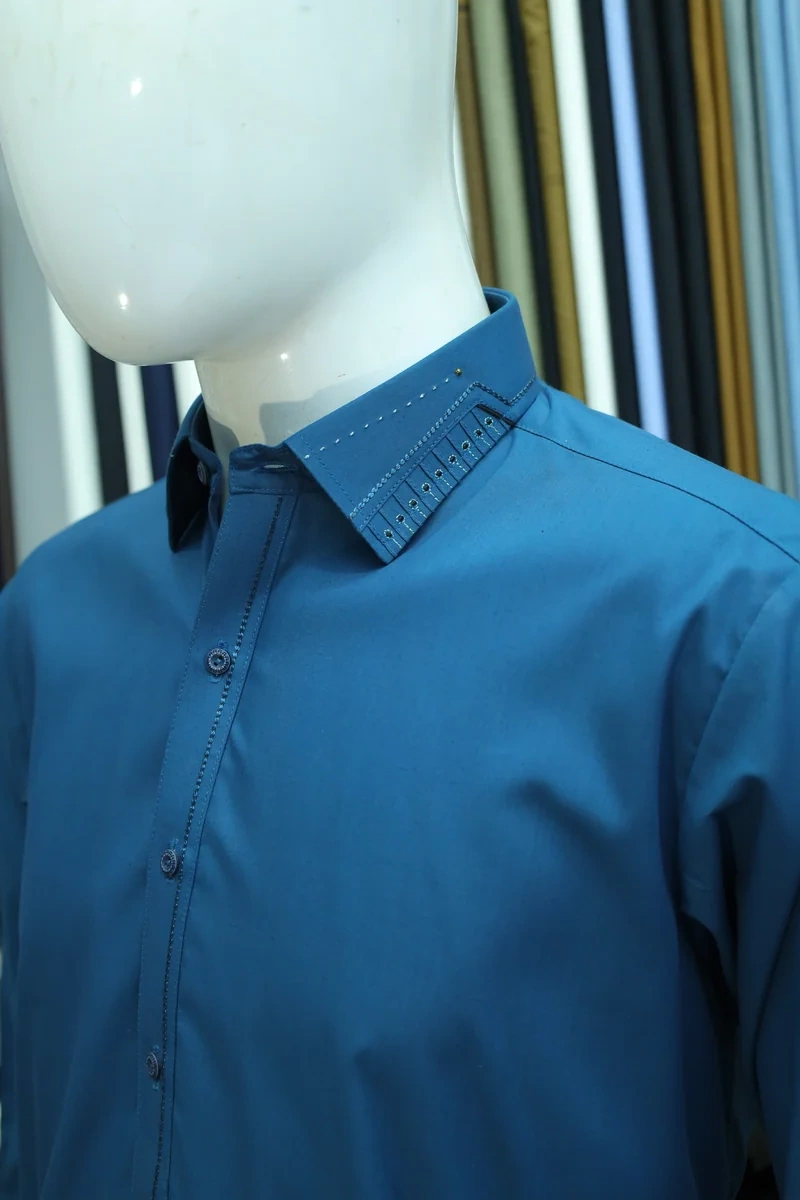 Teal Blue Detailed Collar Shalwar Kameez - Image 2