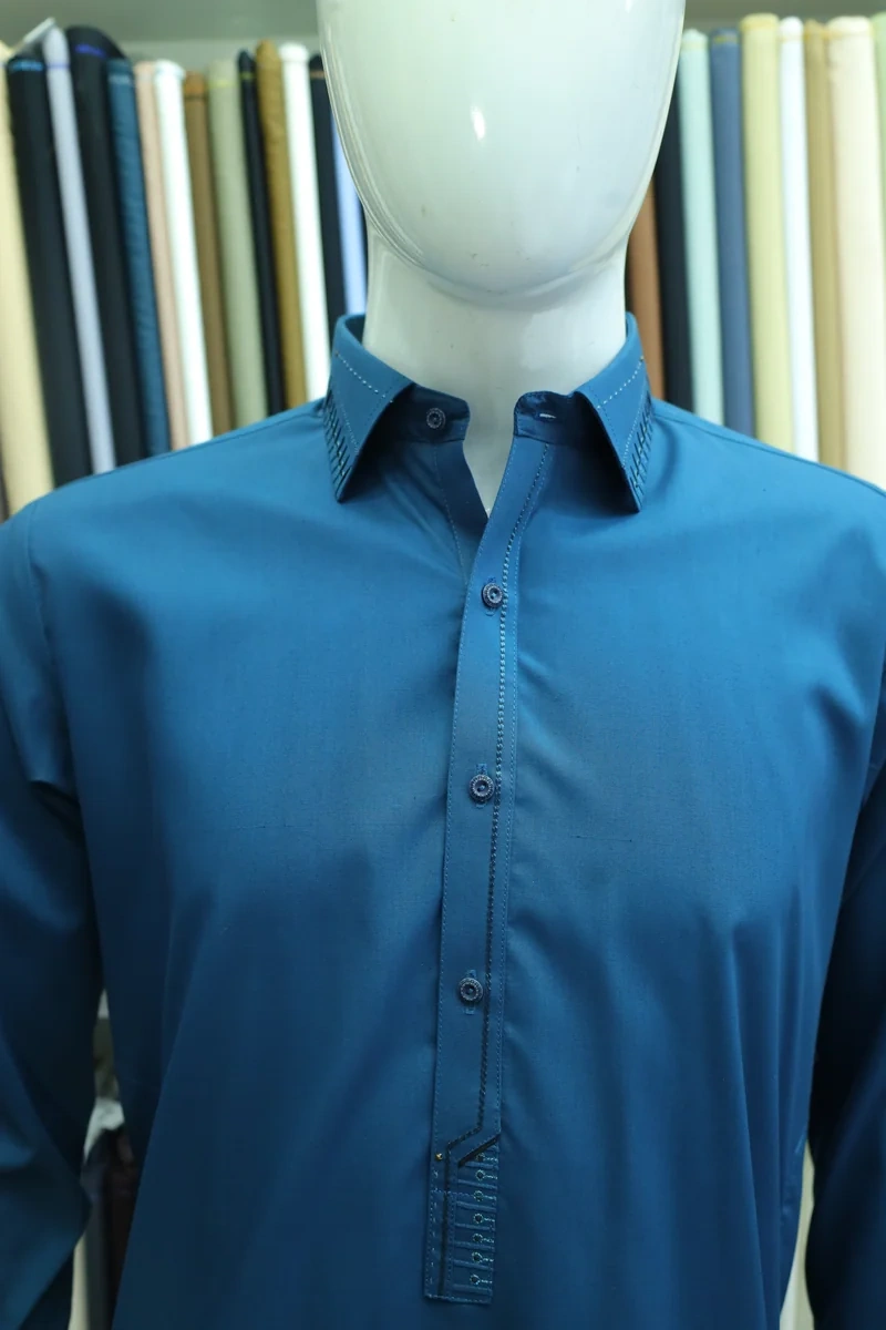 Teal Blue Detailed Collar Shalwar Kameez - Image 3