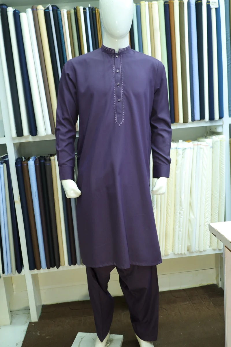 Deep Plum Embroidered Mandarin Collar Shalwar Kameez