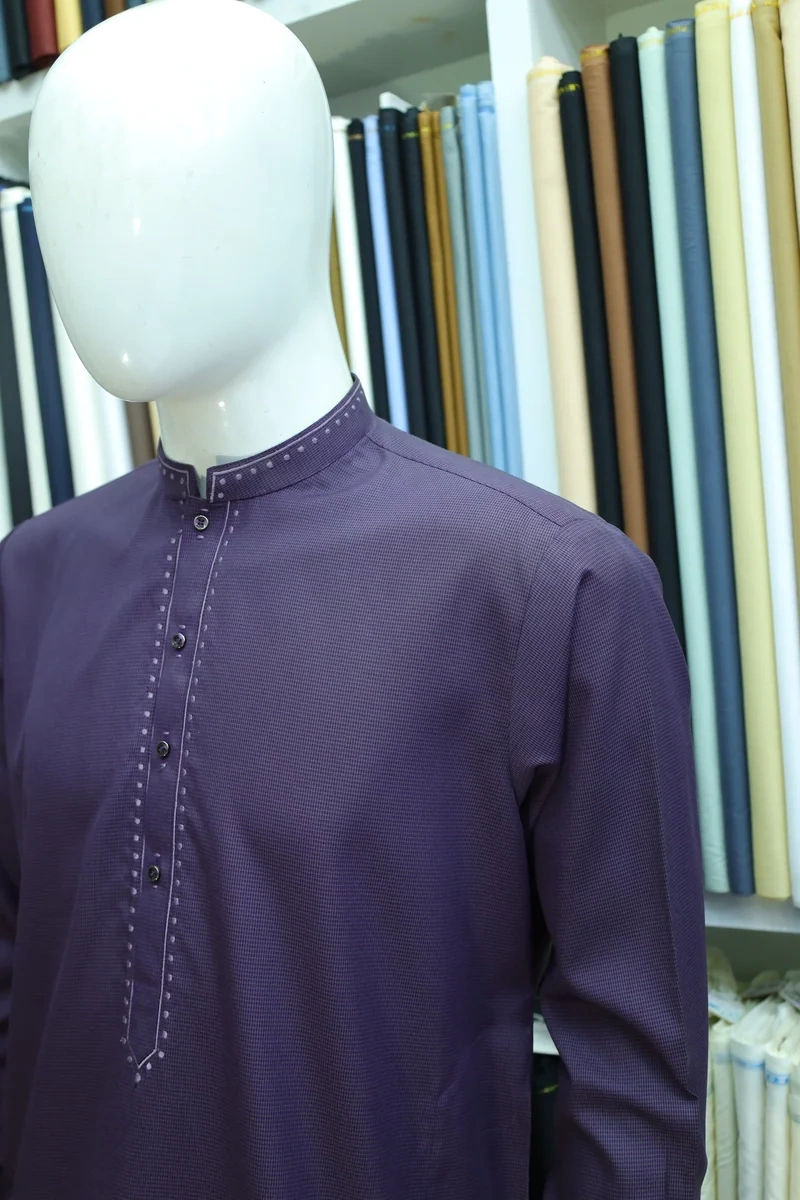 Deep Plum Embroidered Mandarin Collar Shalwar Kameez - Image 2