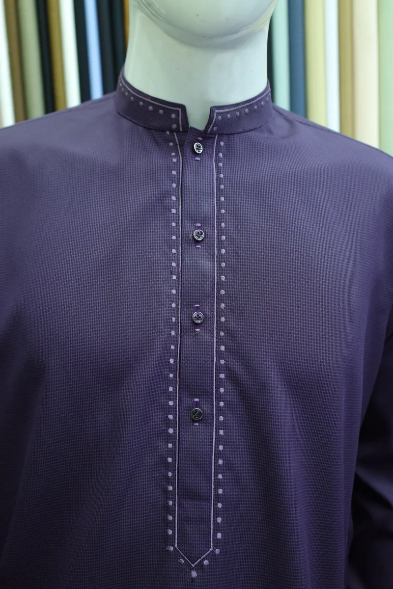 Deep Plum Embroidered Mandarin Collar Shalwar Kameez - Image 3