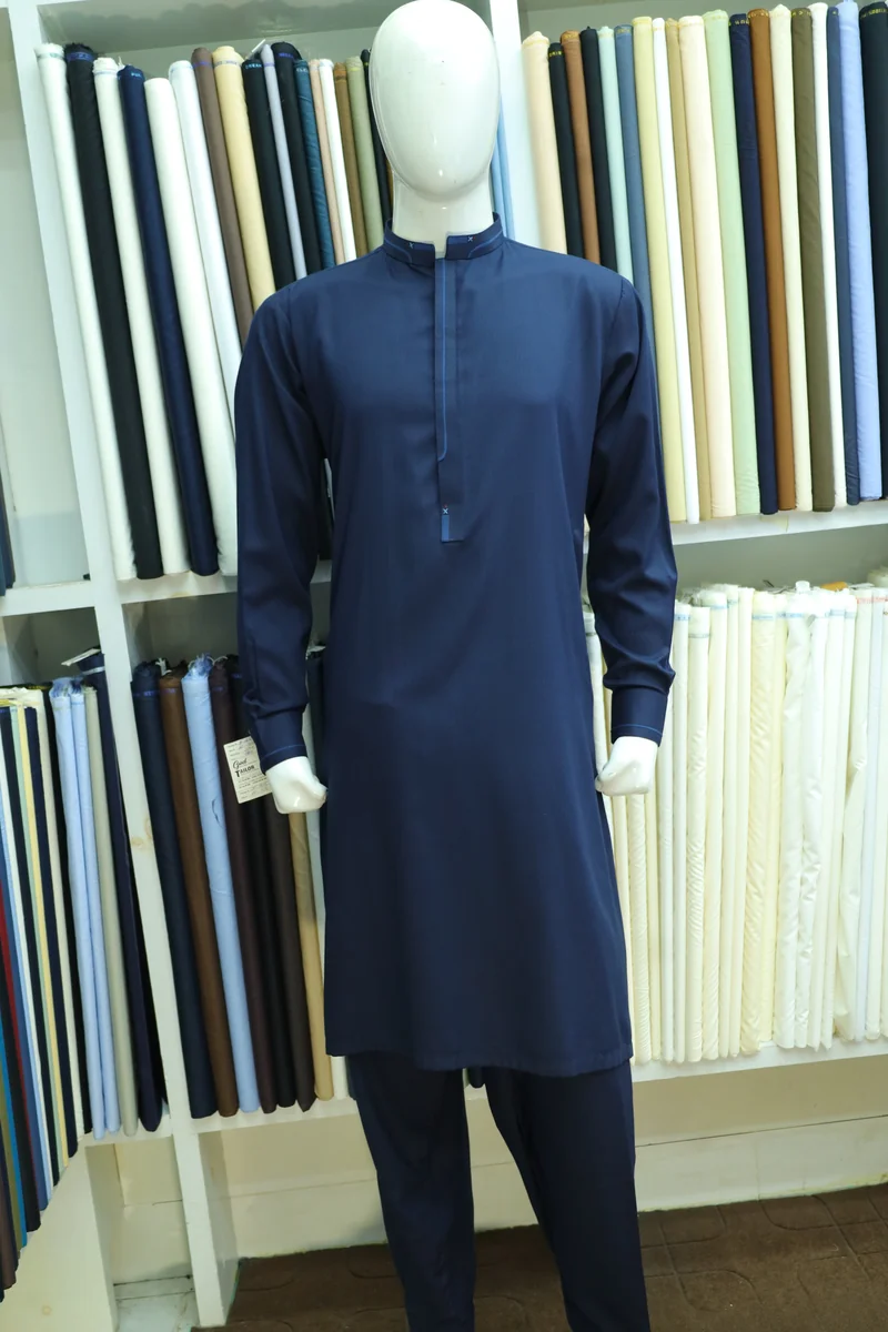 Navy Blue Mandarin Collar Men's Shalwar Kameez Suit