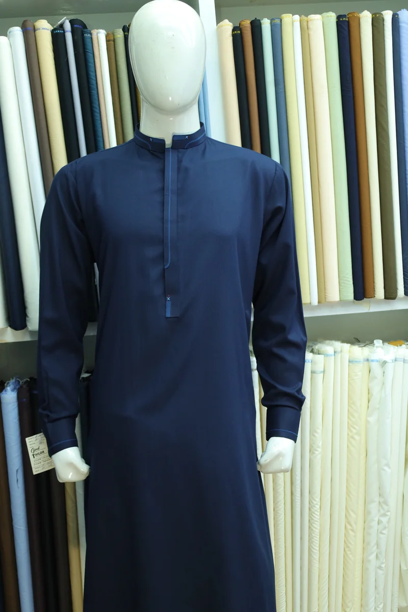 Navy Blue Mandarin Collar Men's Shalwar Kameez Suit - Image 2