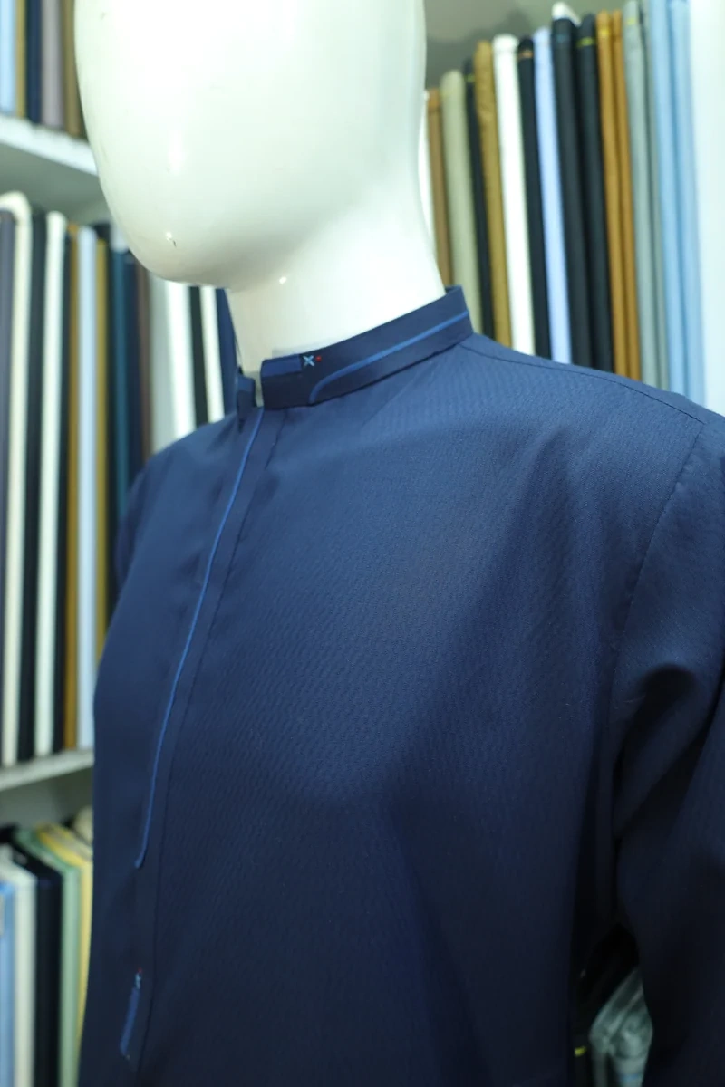 Navy Blue Mandarin Collar Men's Shalwar Kameez Suit - Image 3