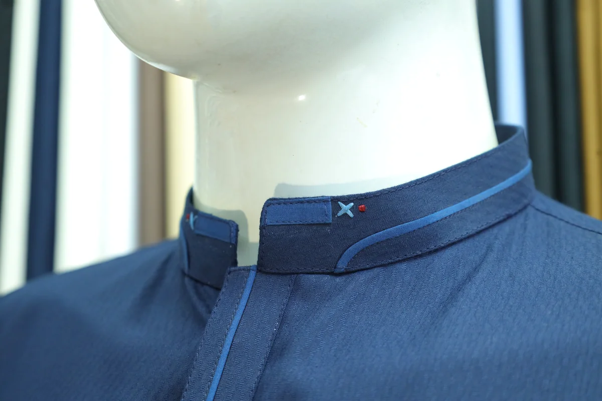 Navy Blue Mandarin Collar Men's Shalwar Kameez Suit - Image 4