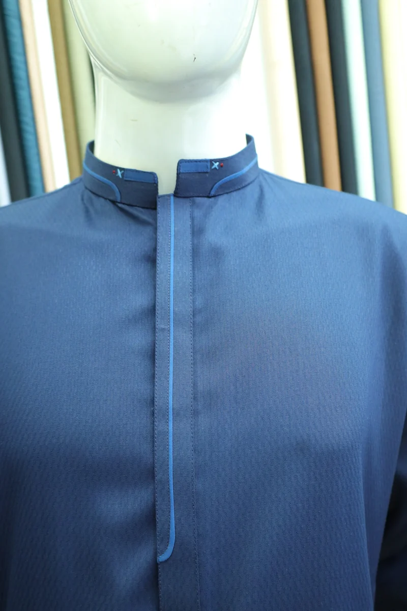 Navy Blue Mandarin Collar Men's Shalwar Kameez Suit - Image 5