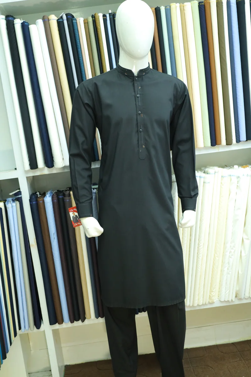 Classic Black Mandarin Collar Men's Shalwar Kameez Suit