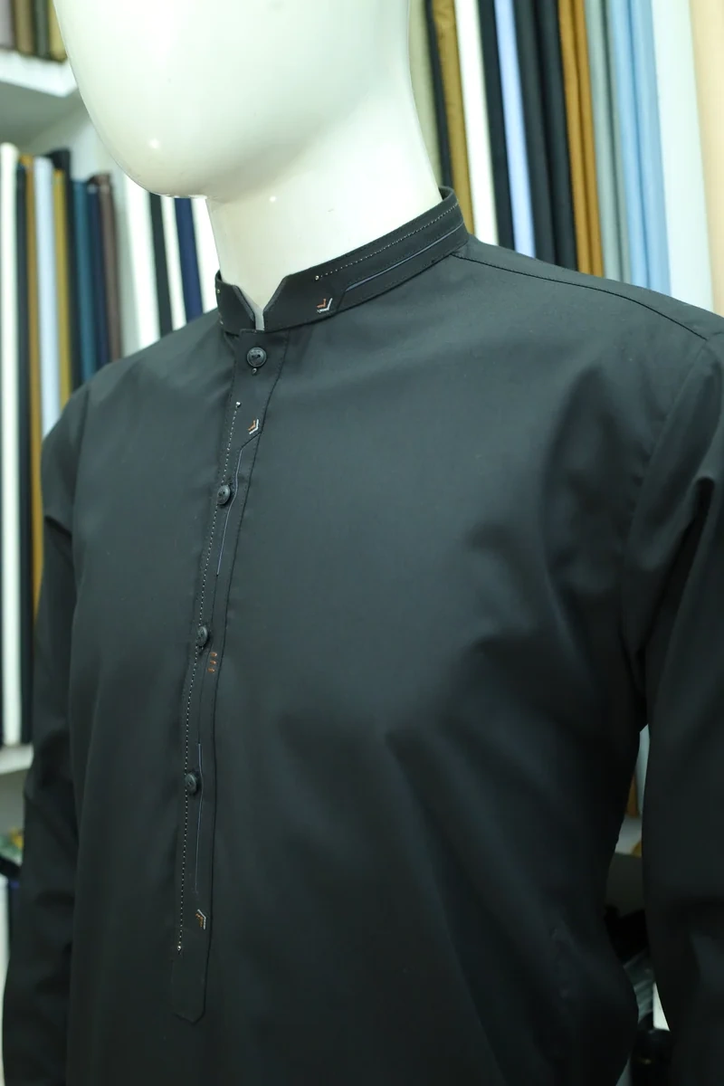 Classic Black Mandarin Collar Men's Shalwar Kameez Suit - Image 3
