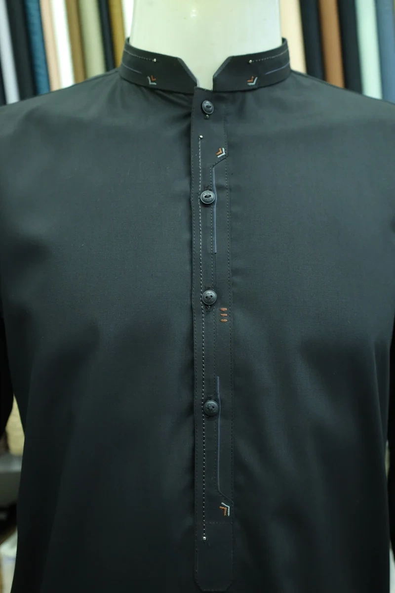 Classic Black Mandarin Collar Men's Shalwar Kameez Suit - Image 4