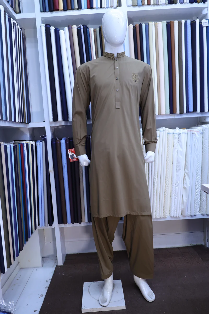 Khaki Gold Ban Collar Shalwar Kameez