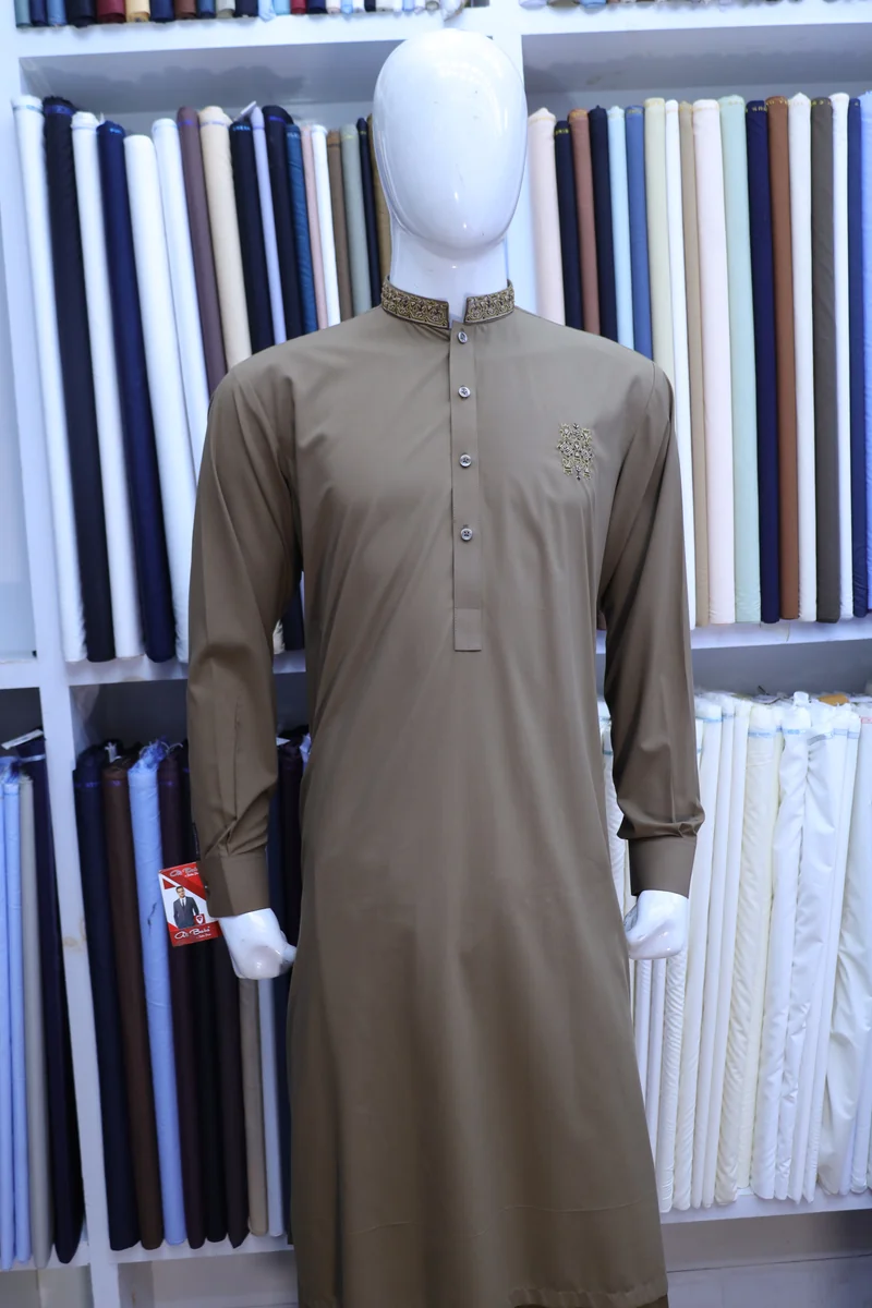 Khaki Gold Ban Collar Shalwar Kameez - Image 5