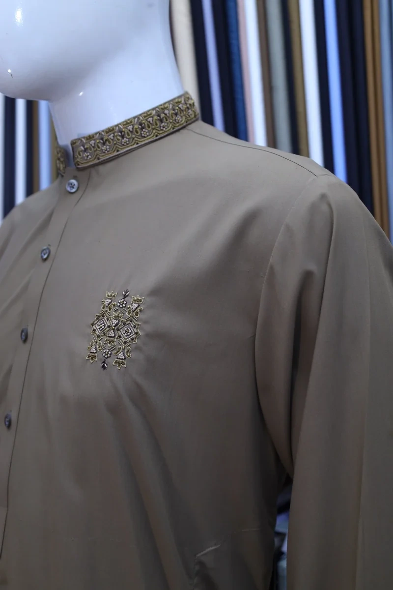 Khaki Gold Ban Collar Shalwar Kameez - Image 3