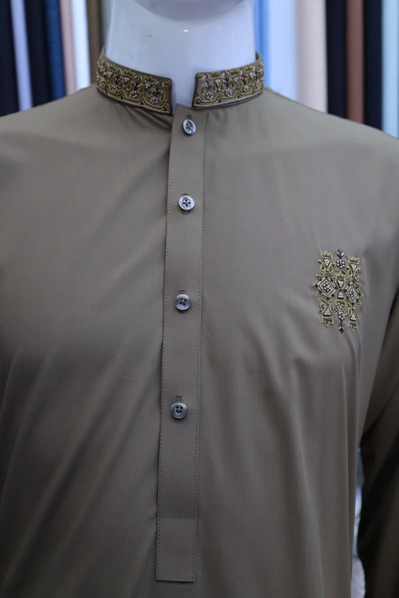 Khaki Gold Ban Collar Shalwar Kameez - Image 2
