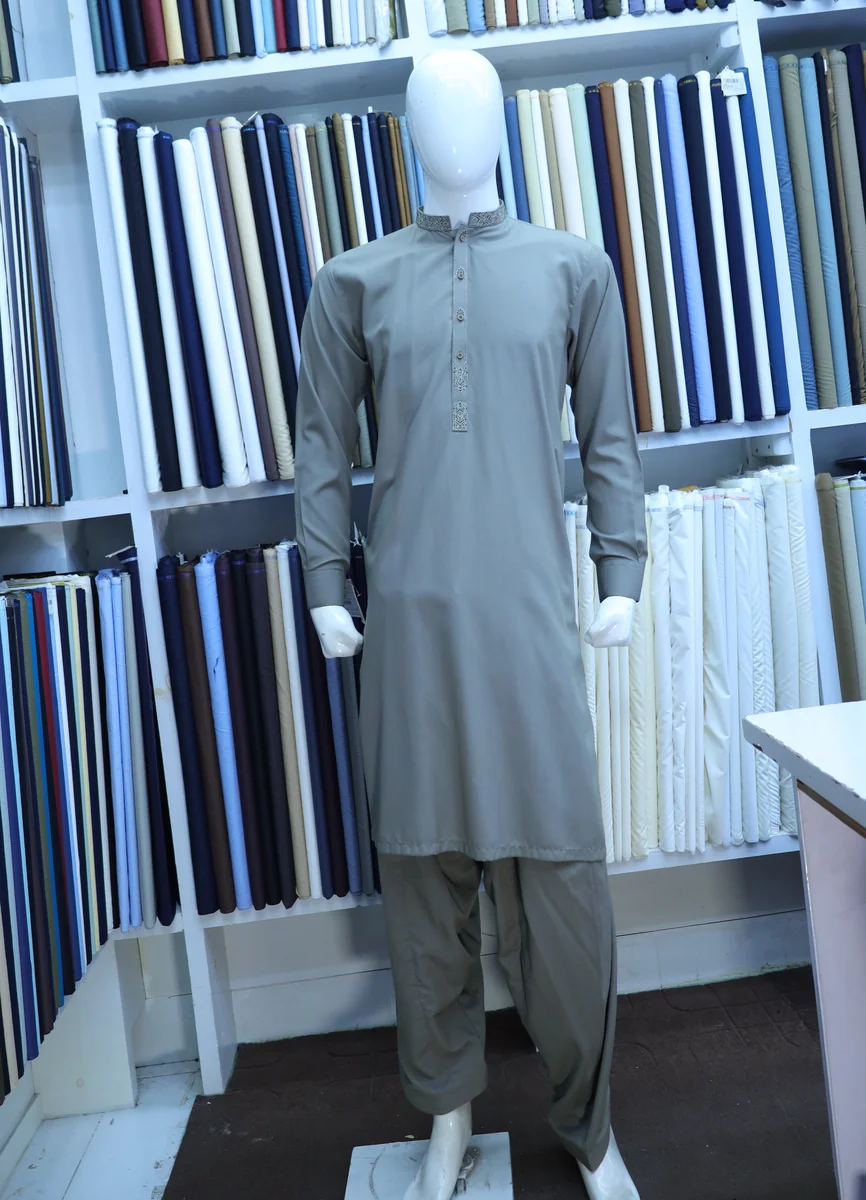 Sage Grey Embroidered Ban Collar Shalwar Kameez