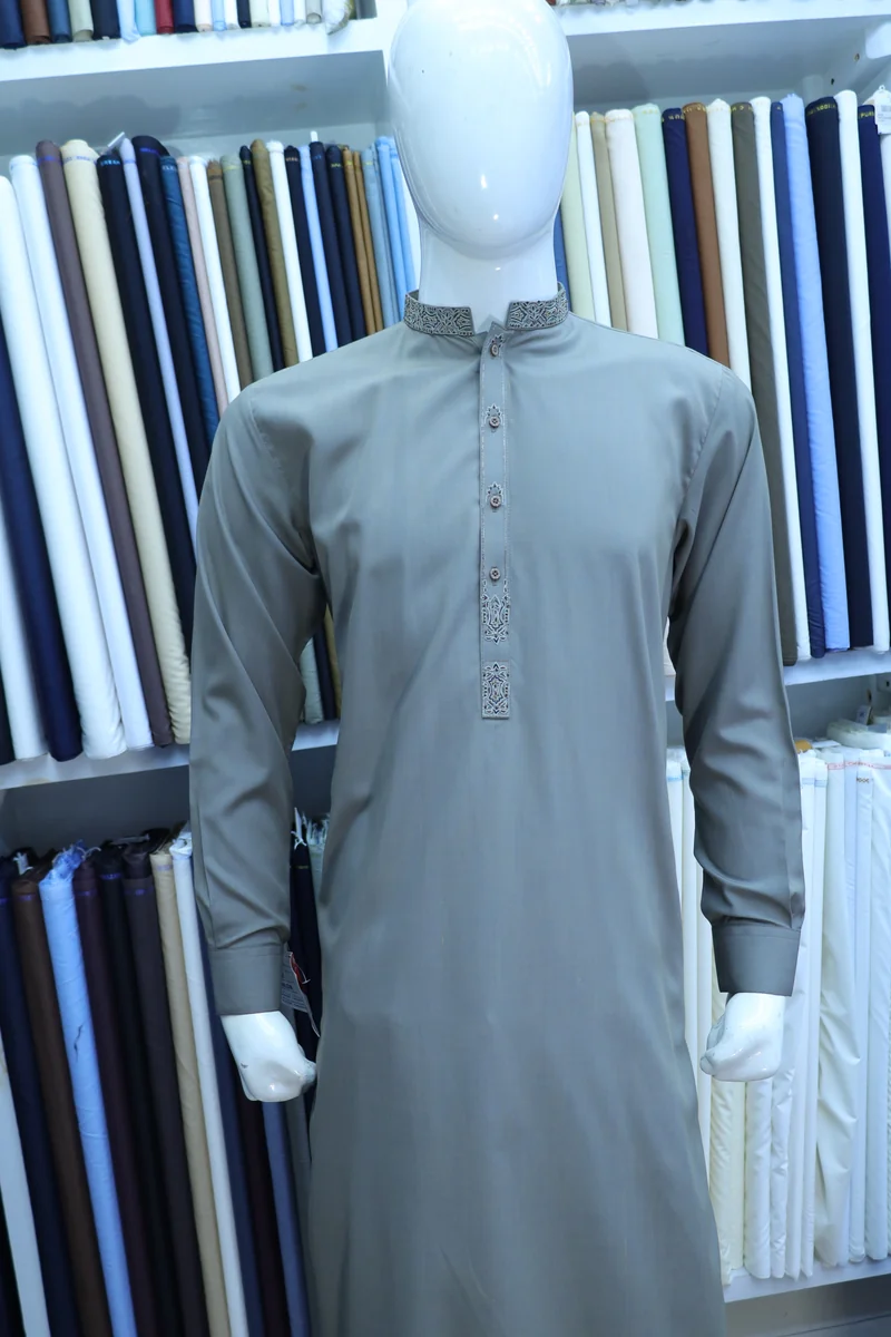 Sage Grey Embroidered Ban Collar Shalwar Kameez - Image 5