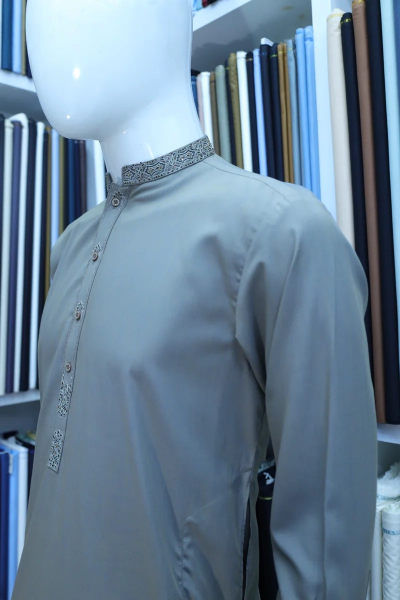 Sage Grey Embroidered Ban Collar Shalwar Kameez - Image 4