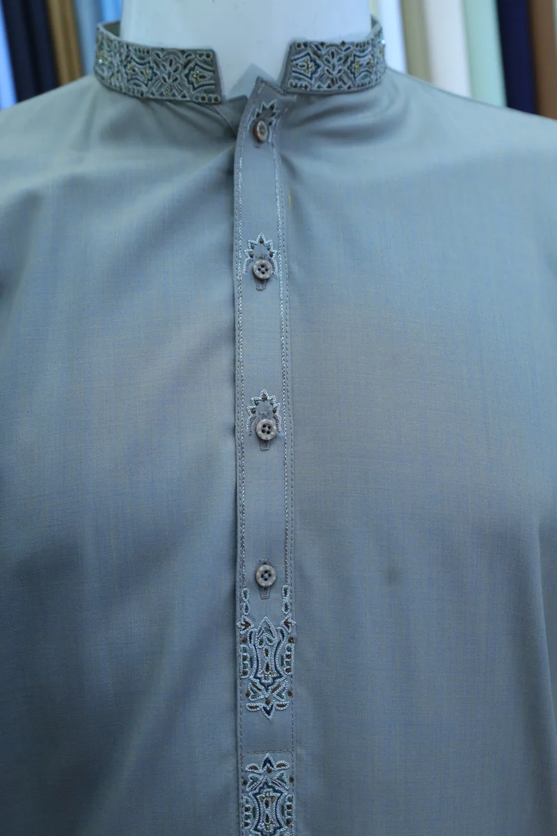 Sage Grey Embroidered Ban Collar Shalwar Kameez - Image 2