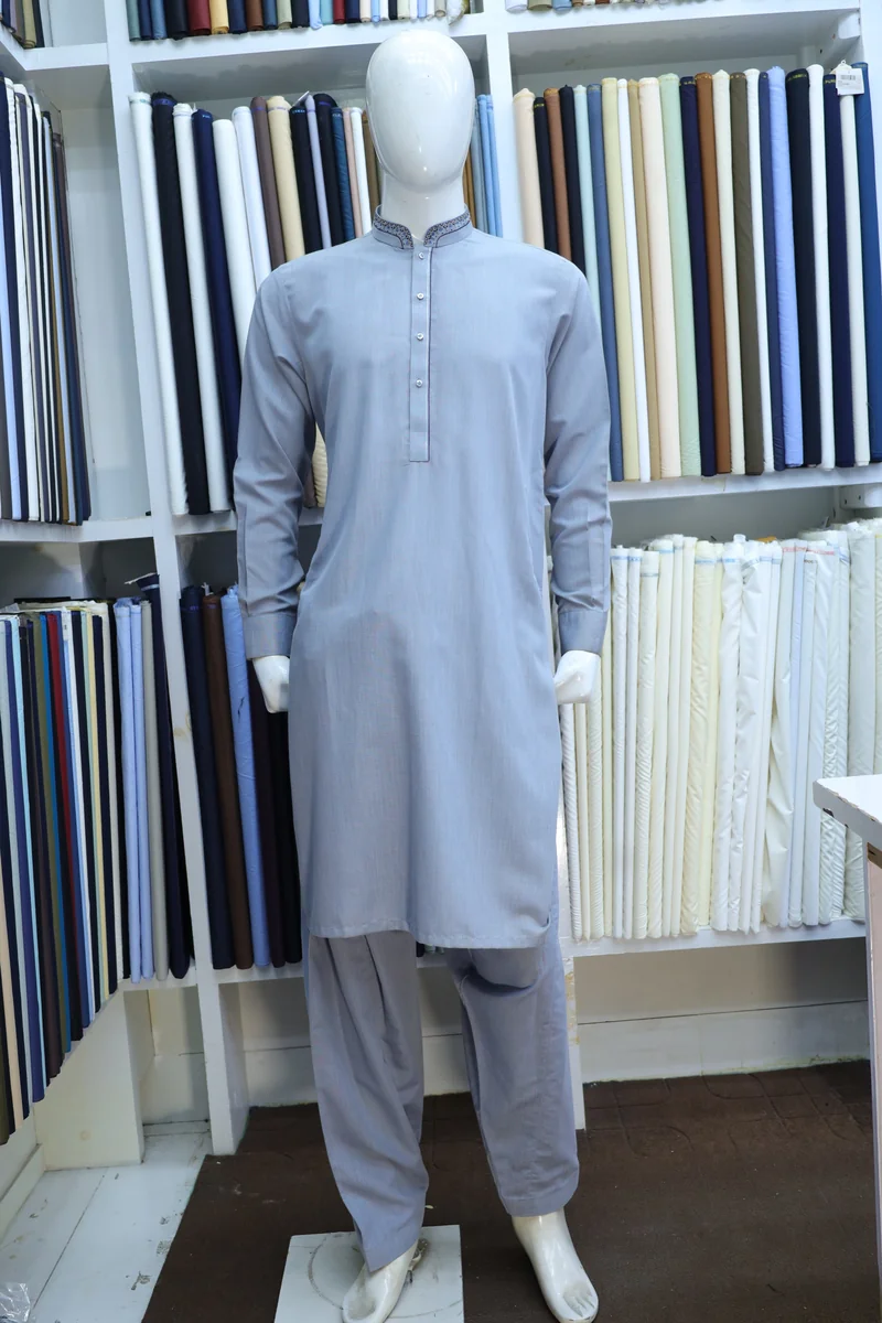 Ice Blue Embroidered Ban Collar Shalwar Kameez