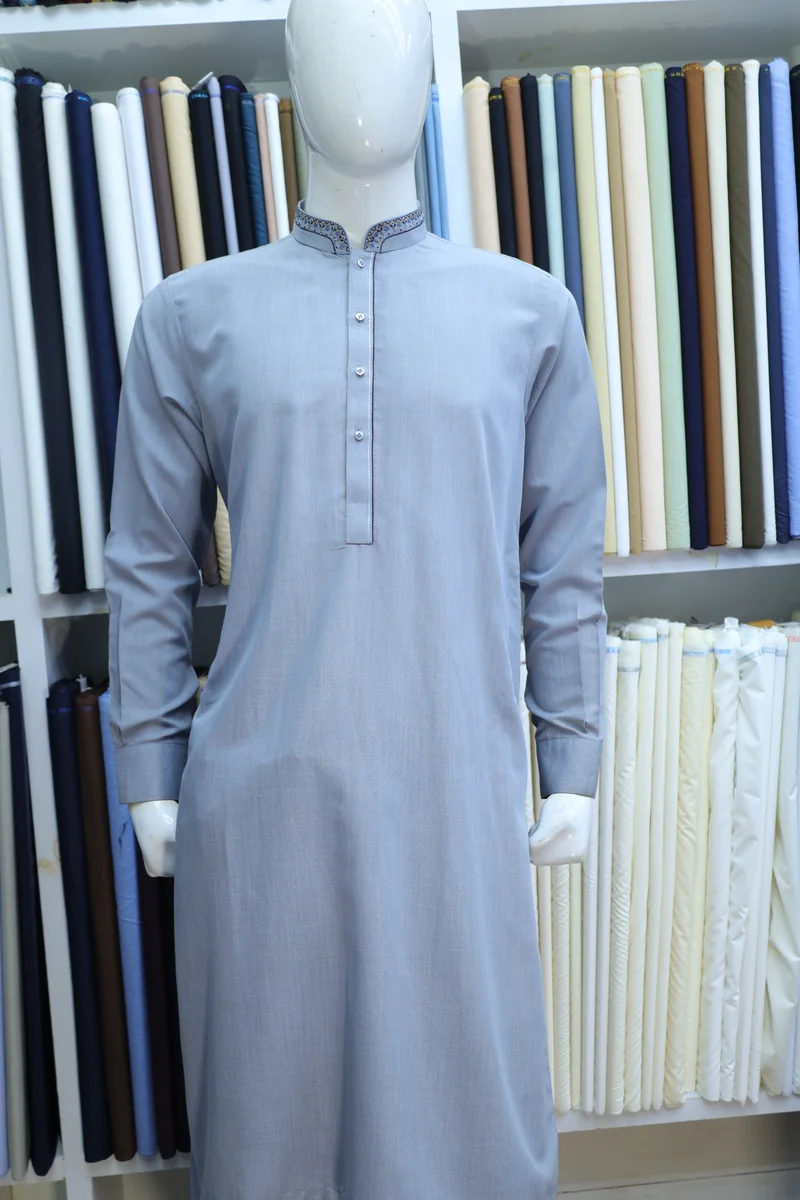 Ice Blue Embroidered Ban Collar Shalwar Kameez - Image 5
