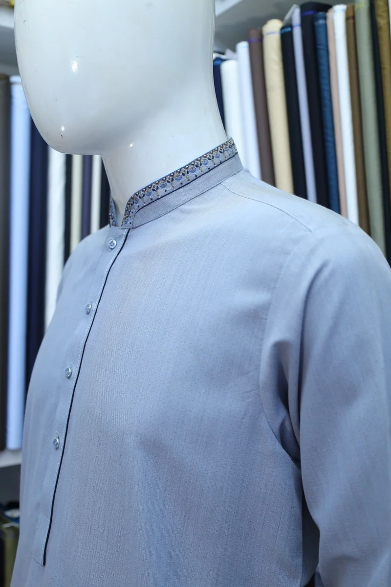 Ice Blue Embroidered Ban Collar Shalwar Kameez - Image 4