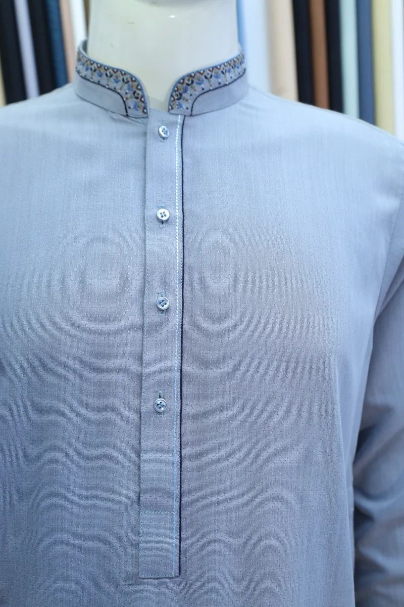 Ice Blue Embroidered Ban Collar Shalwar Kameez - Image 3