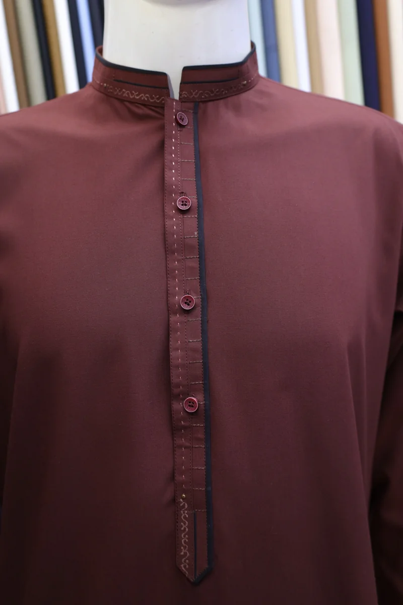 Chocolate Brown Embroidered Collar Shalwar Kameez - Image 3