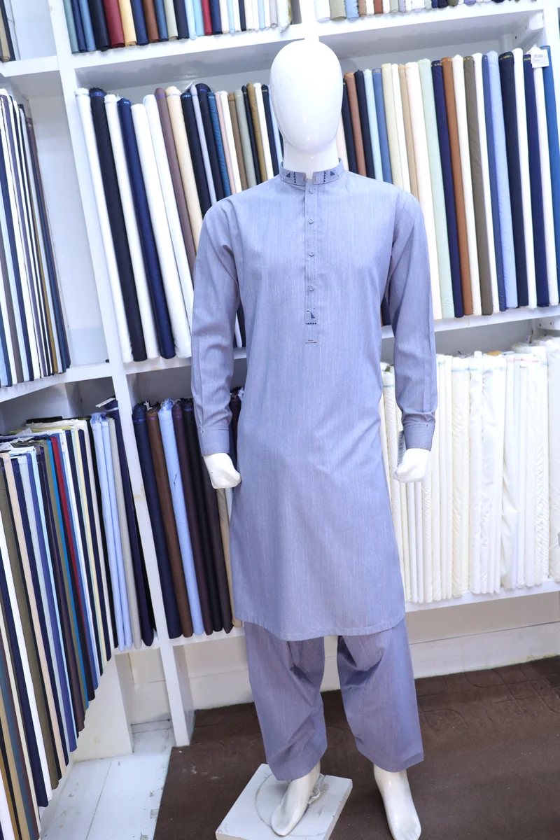 Steel Blue Mandarin Collar Shalwar Kameez