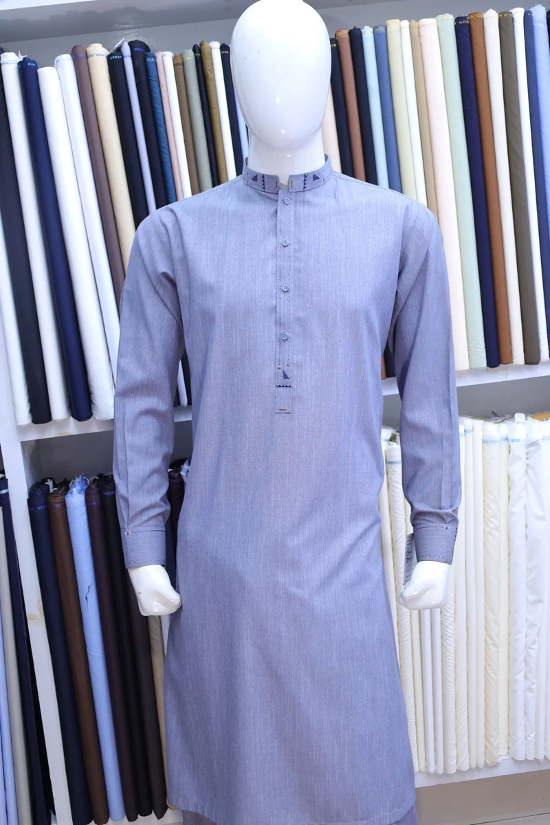 Steel Blue Mandarin Collar Shalwar Kameez - Image 2