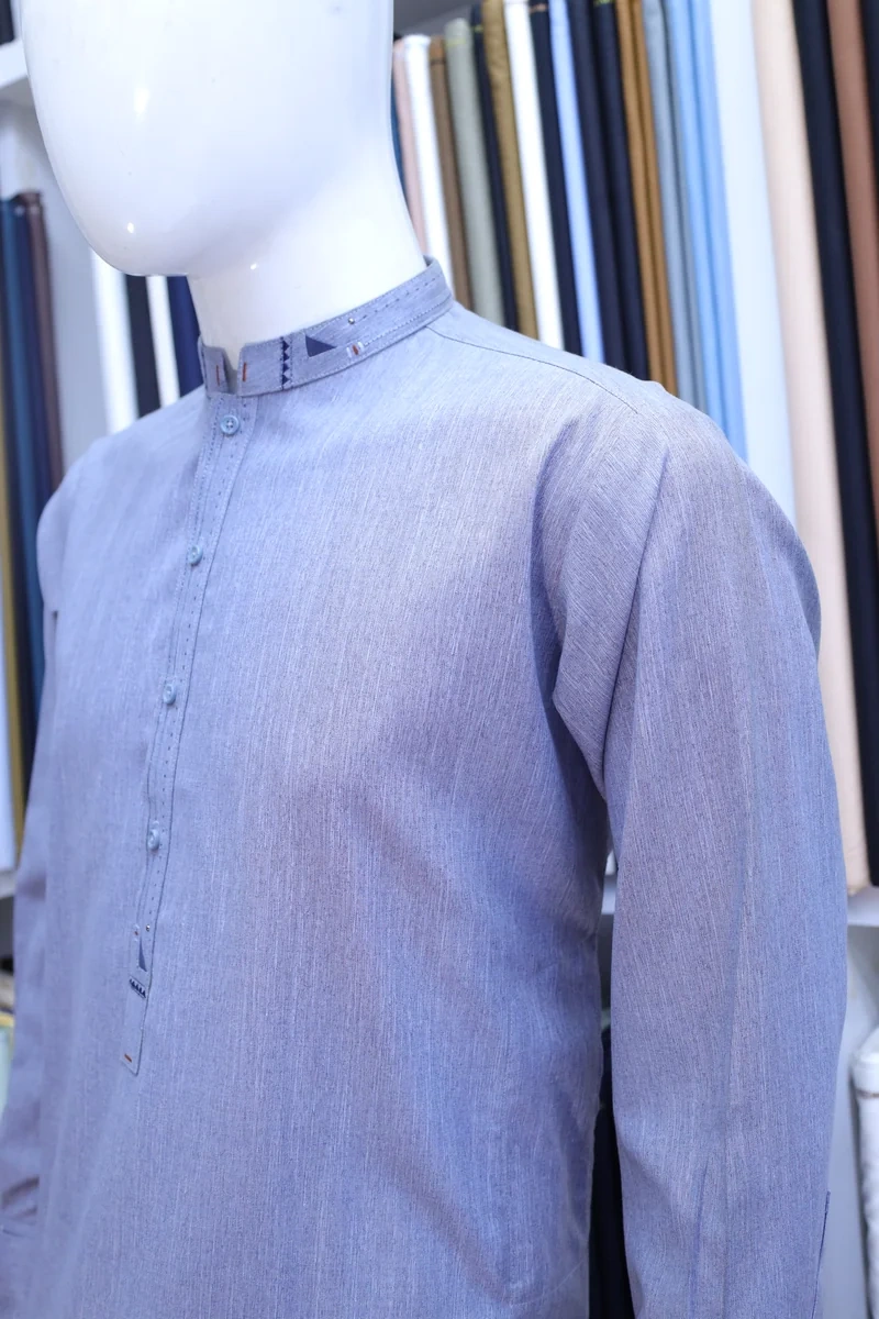 Steel Blue Mandarin Collar Shalwar Kameez - Image 3