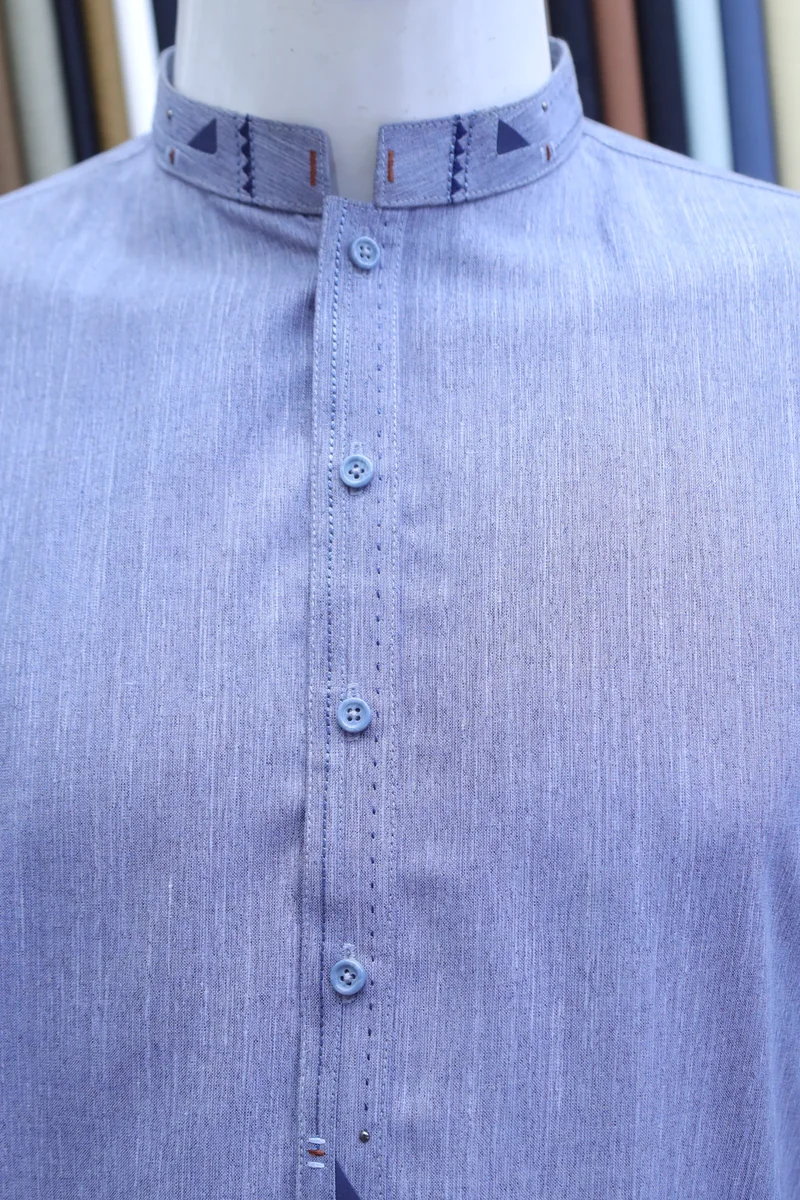 Steel Blue Mandarin Collar Shalwar Kameez - Image 4