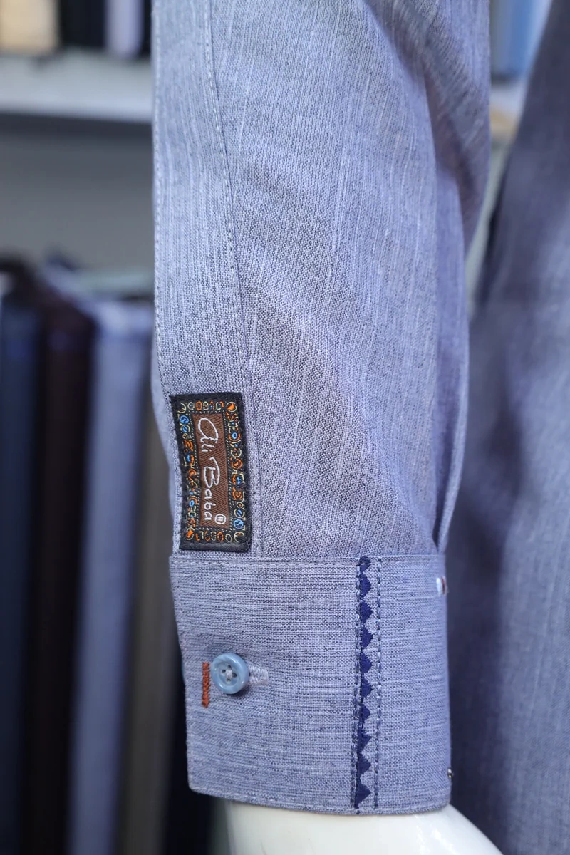 Steel Blue Mandarin Collar Shalwar Kameez - Image 5